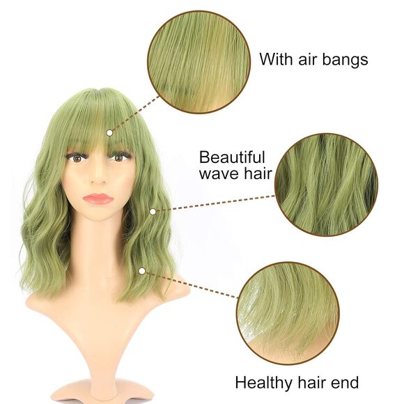 Women's Short Matcha Wigs Curly Wavy Shoulder Length Pastel Bob - Picture 3 of 3